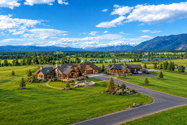 Aerial view of the main home, secondary residence and sweeping landscaped grounds