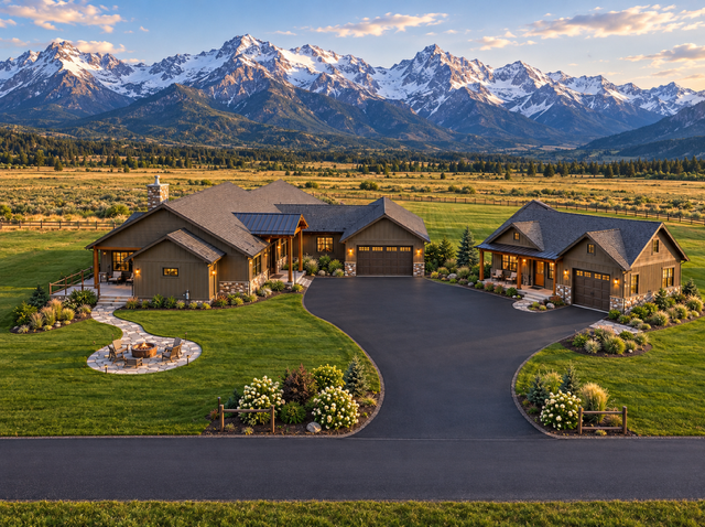 Main home and detached secondary residence framing a courtyard beneath mountain peaks